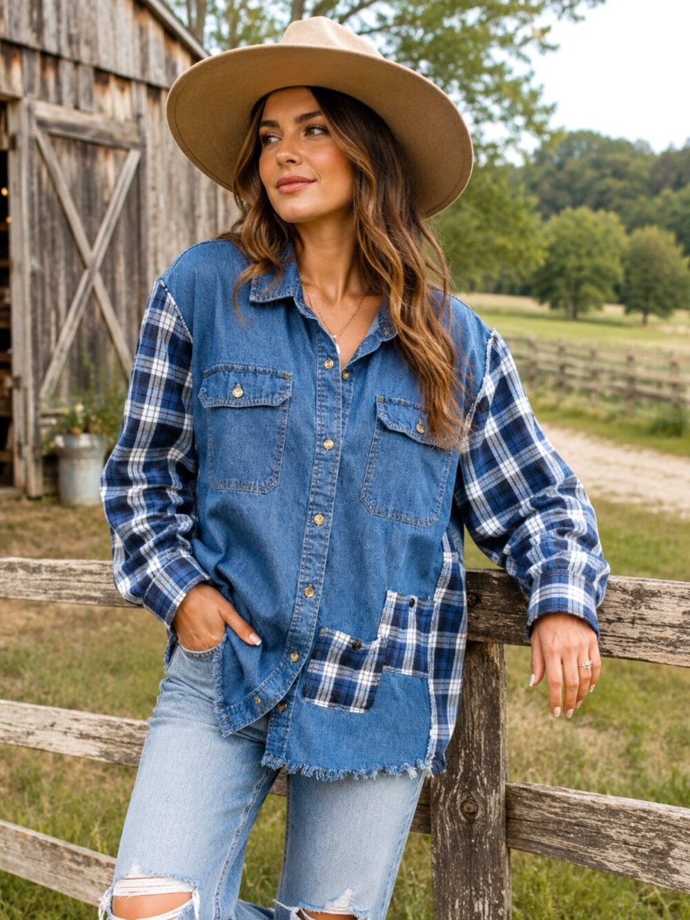 Upcycled Denim Plaid Flannel Jean Jacket Boho Patchwork Shirt Plus Size XL - 2X